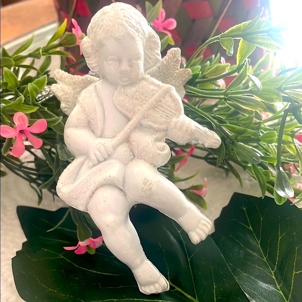 White Angel Cherub Figurine Lute Sparkling Christmas Ornament 4.25”